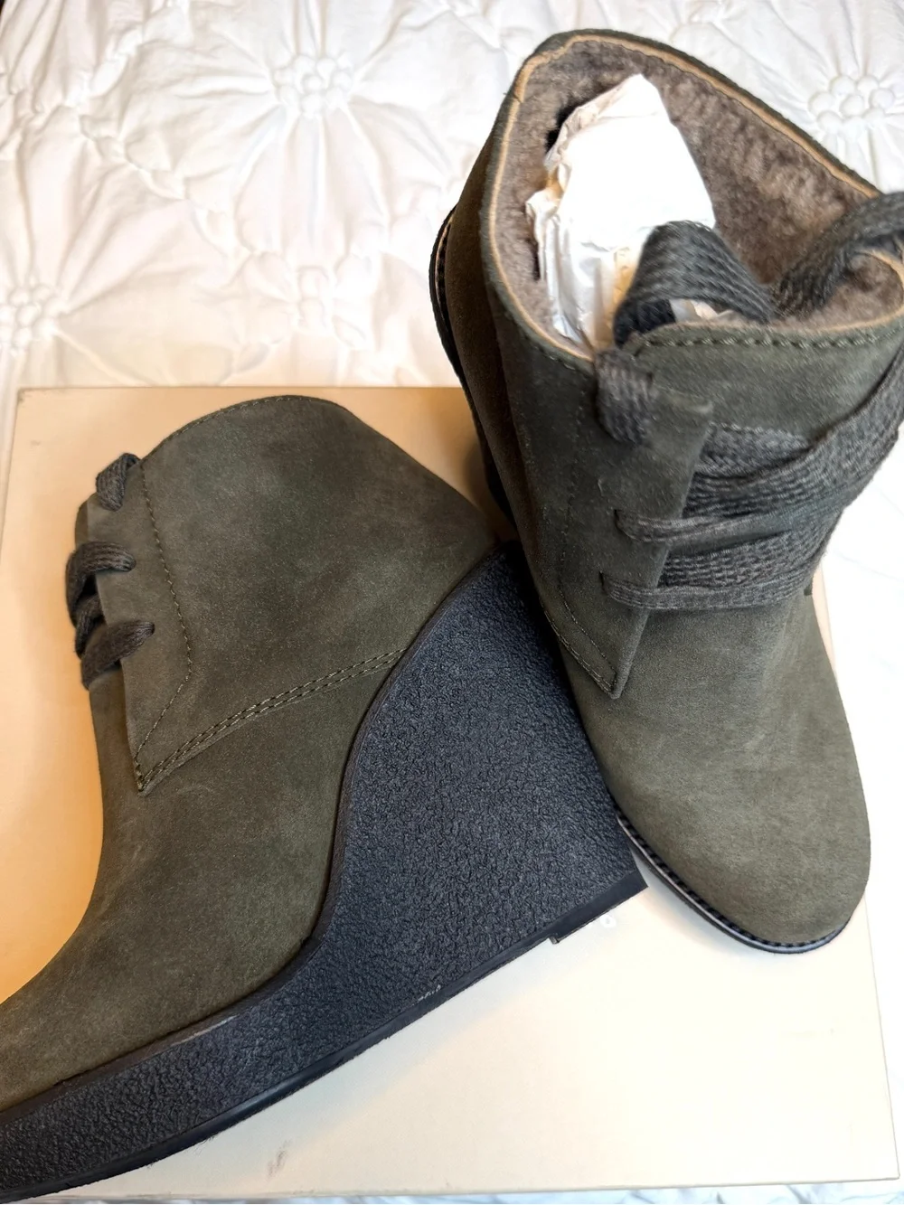 Children's Suede Lace-Up Ankle Boots in Olive